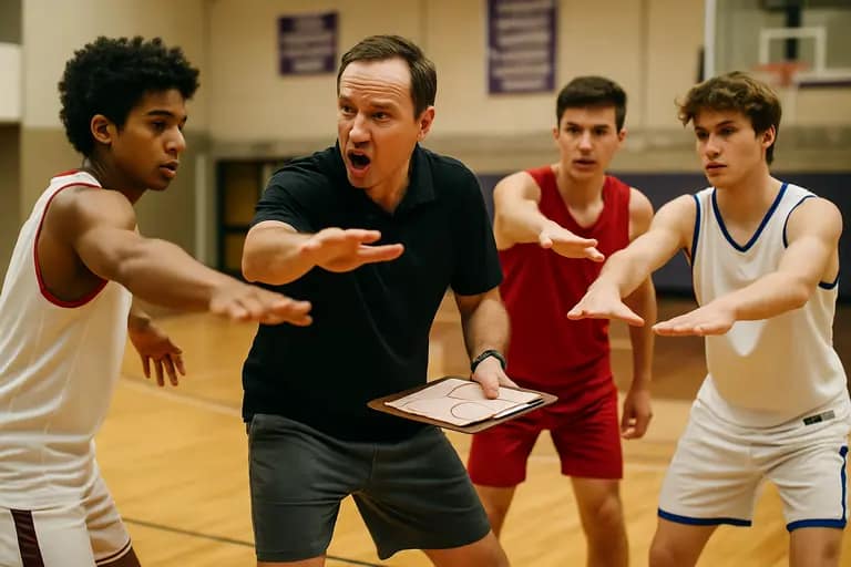 A coach talks with young athletes during a break in a crowded Texas gym