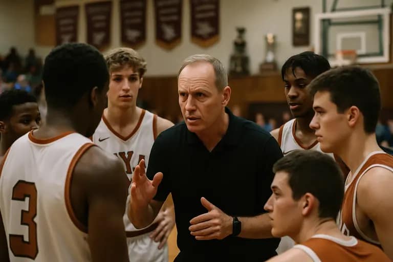 High school basketball bench with clipboards, water bottles, and empty seats