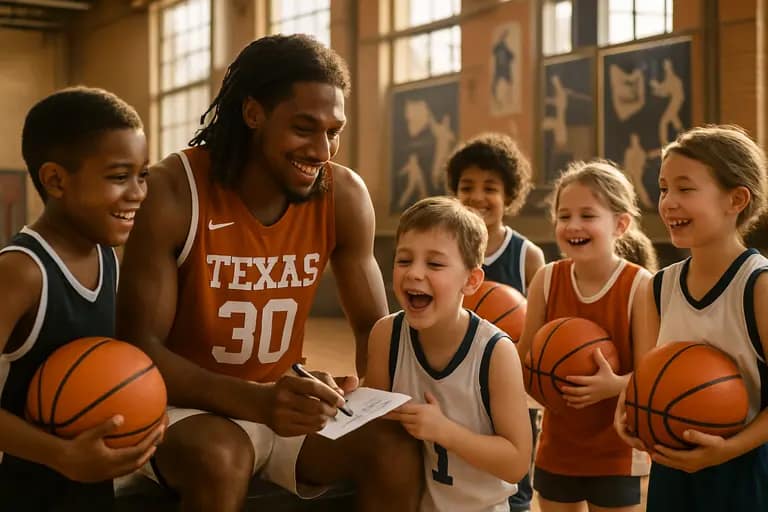 Youth basketball players practicing on a campus court with coaches nearby
